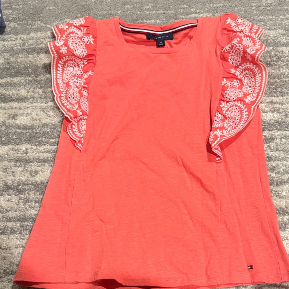 Tommy Hilfiger Coral Blouse with Lace Ruffle Sleeves